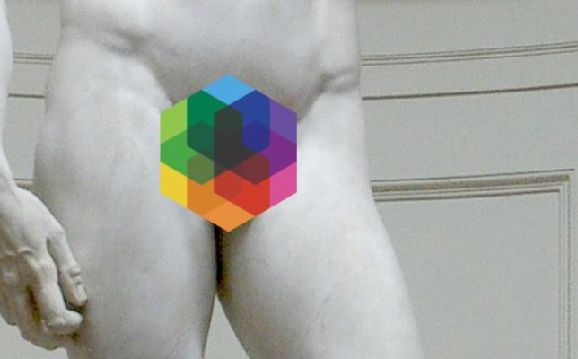 Close crop of Michaelangelo's statue of David with the Kalamuna logo covering the groin area