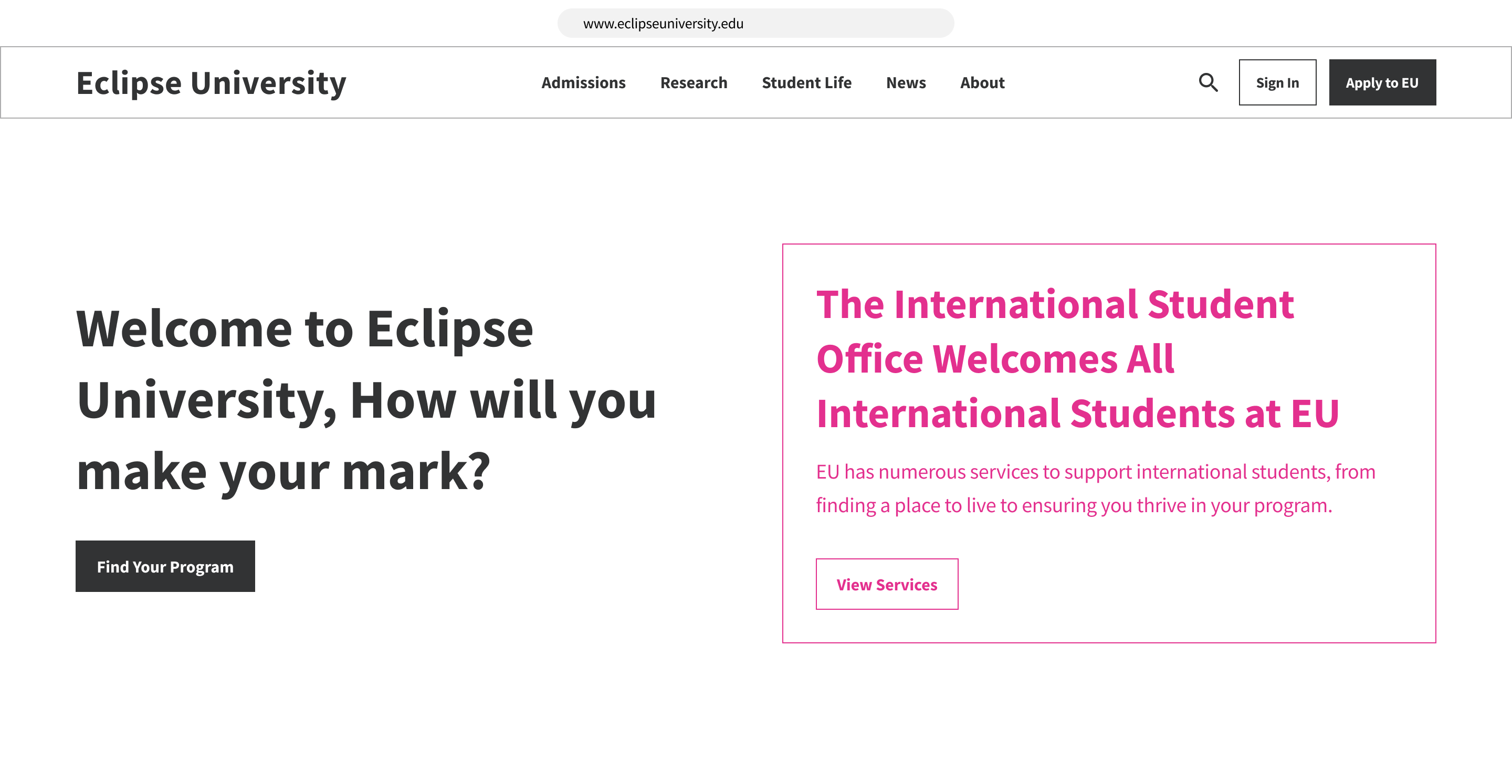 A wireframe of the Eclipse University homepage, showing content personalized to international students.