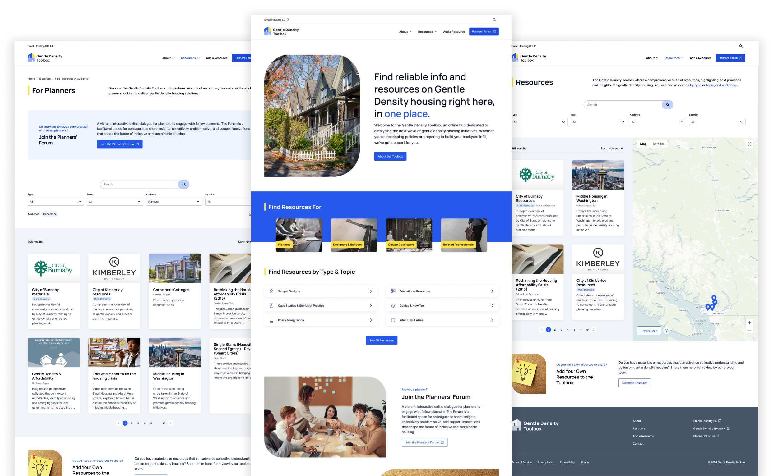 Three mockups of the Gentle Density Toolbox website pages. From left to right: For Planners, Home, Resources