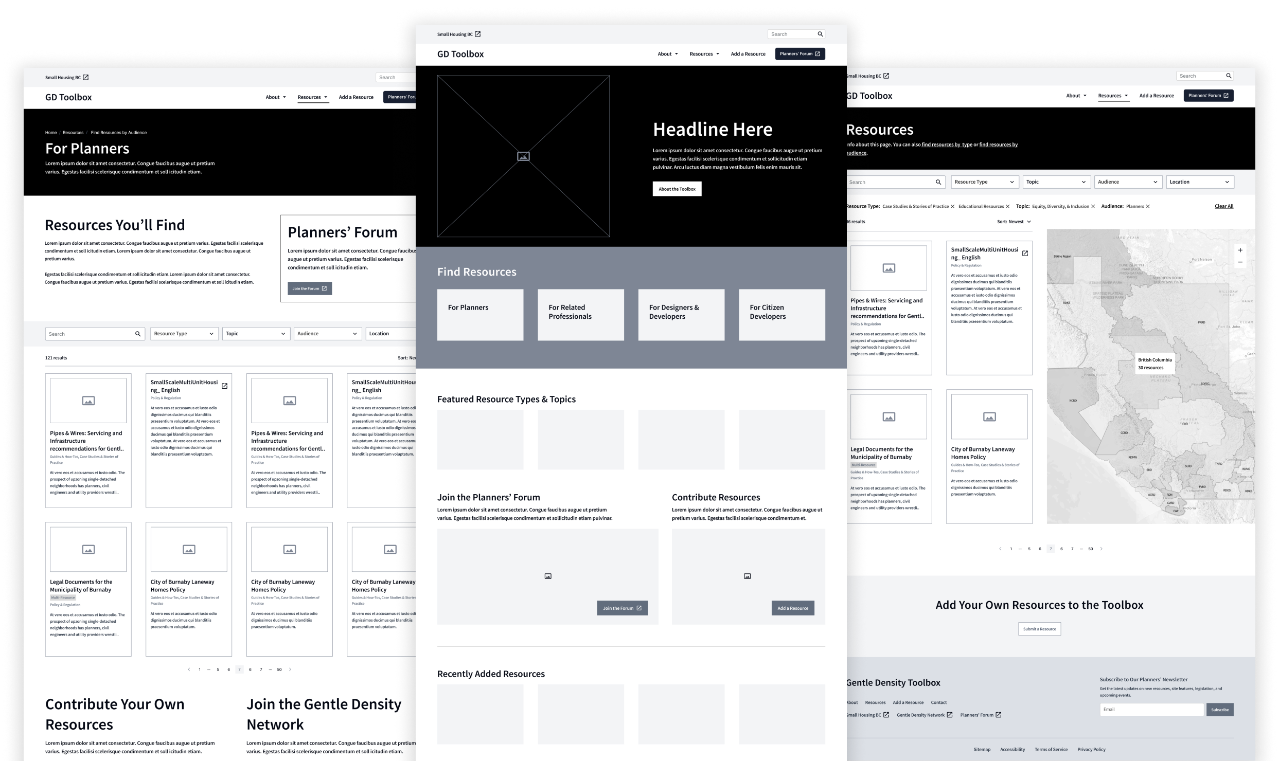 Wireframes of pages for the Gentle Density Toolbox from left to right: For Planners, Home, and Resources