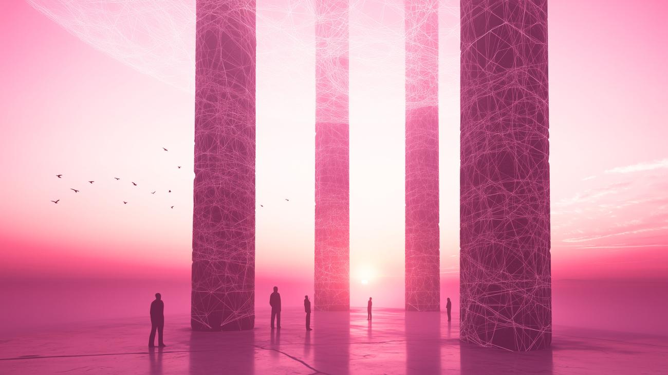 A silhouetted group of people stand amongst four imposing pillars etched with intricate patterns that resemble neural networks. Birds fly through the sky as the sun rises above the distant horizon.