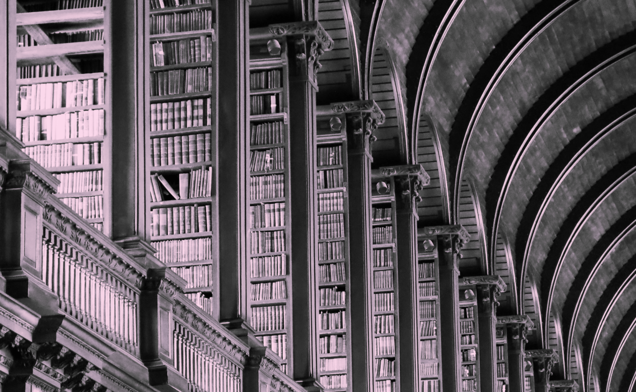 Antique library displays several high bookshelves in a row, packed with books. A vaulted ceiling and architectural details convey a sense of grandeur and historical importance.