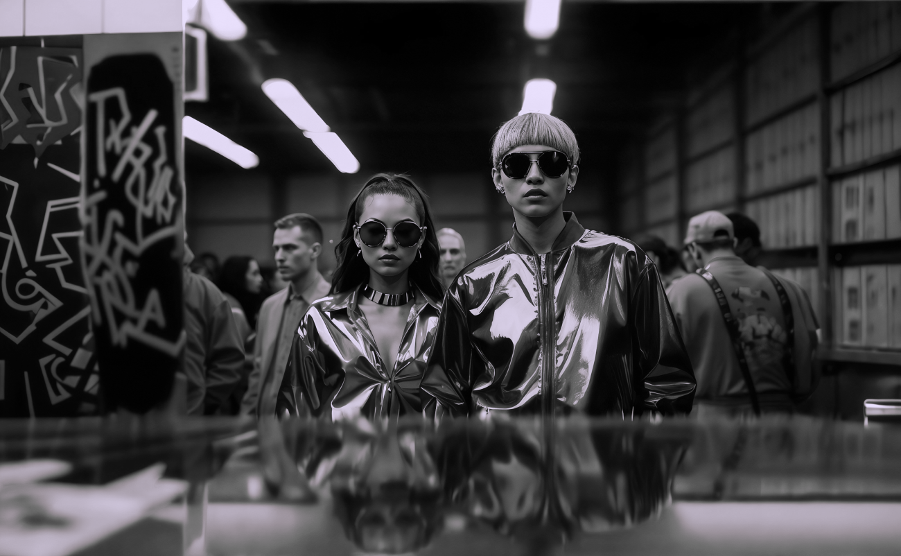 Two people, facing forward, wear sunglasses and shiny colored jackets inside a fluorescent-lit space with graffiti. The image represents Y2K fashion, and was made using generative AI.